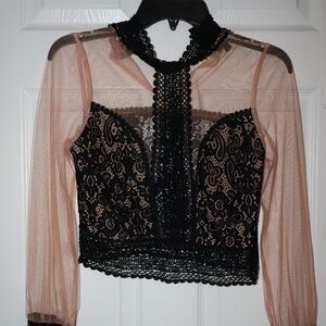 Black Sheer Lace Top with Eyelet Button Closure Sz S